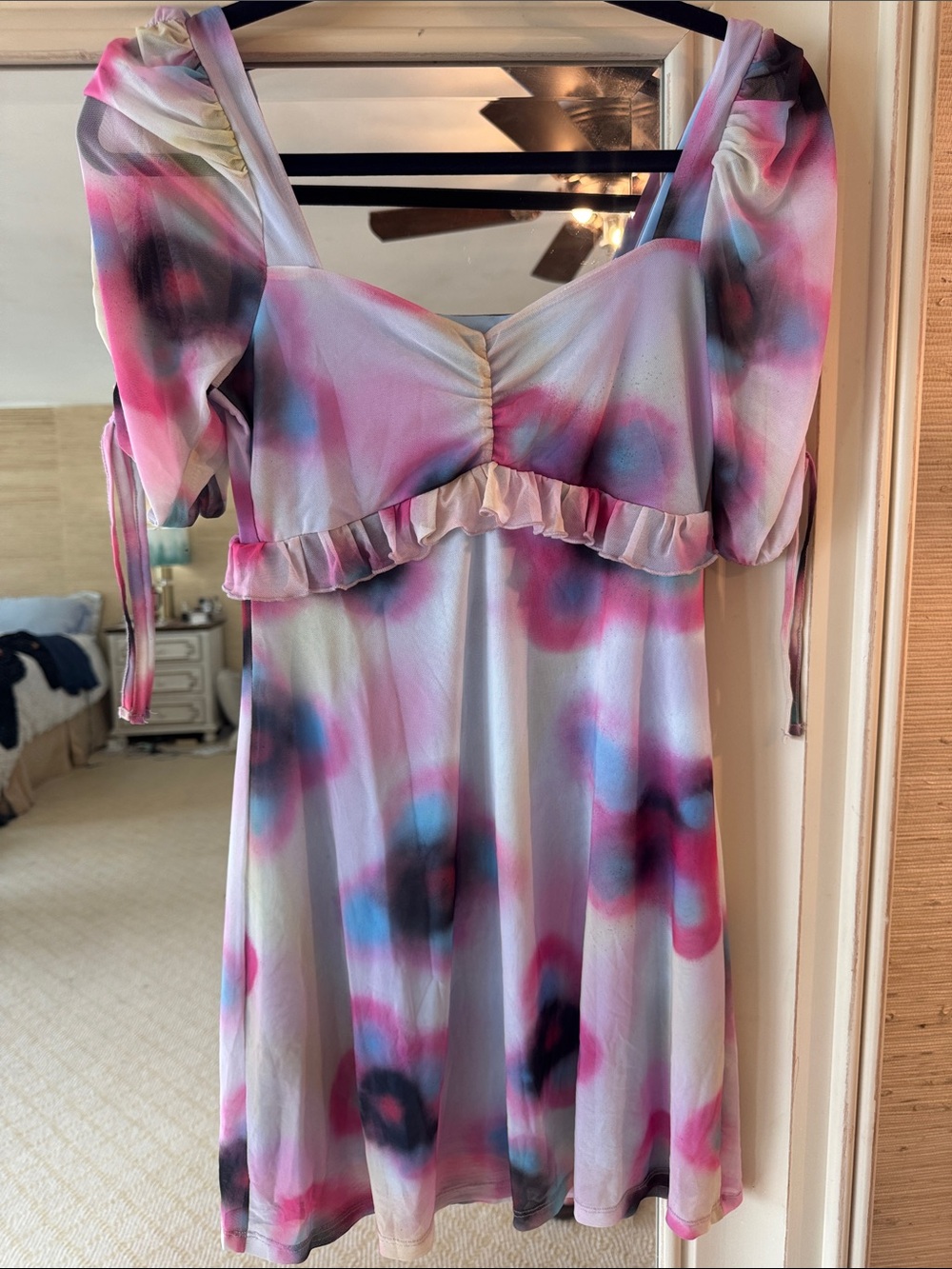 Topshop Pink & Blue Watercolor Puff Sleeve Babydoll Dress size 4-6